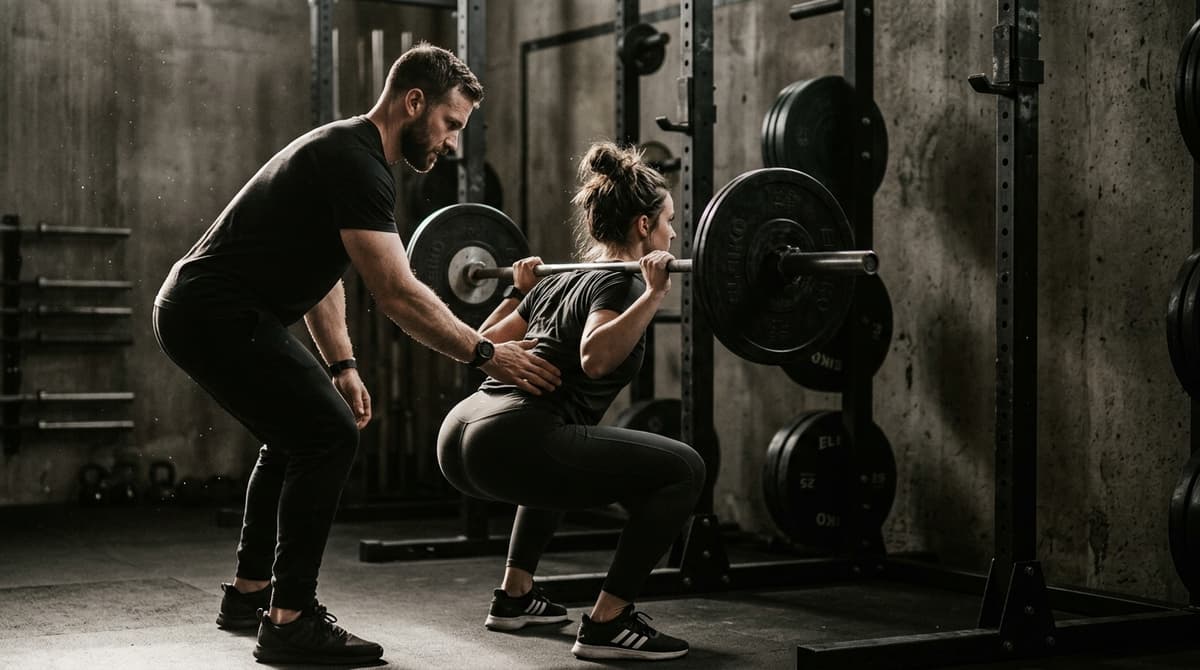 Coach guiding an athlete through a barbell squat