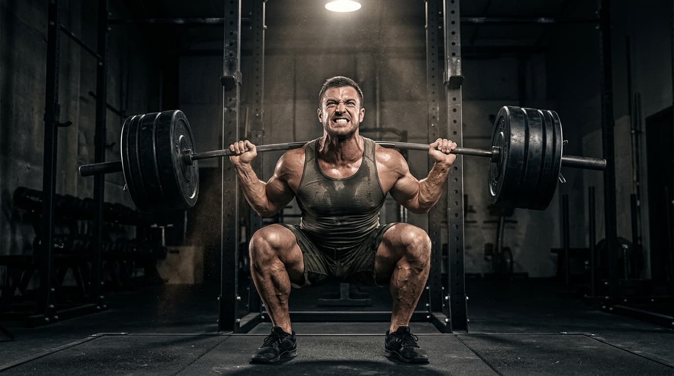 Athlete performing heavy barbell back squat